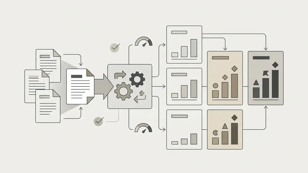 Documents feeding into a processing engine to generate structured evaluation rubrics and bar charts