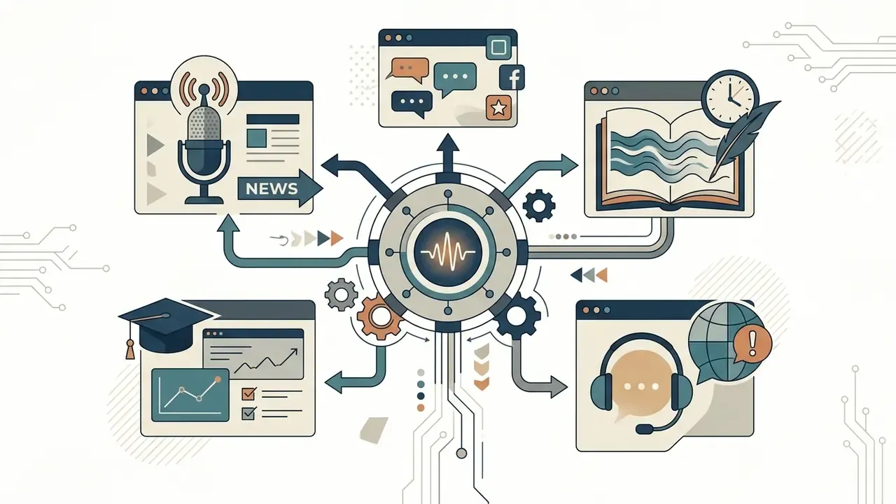 Central audio wave icon connected to diverse application windows for news, social media, and customer support