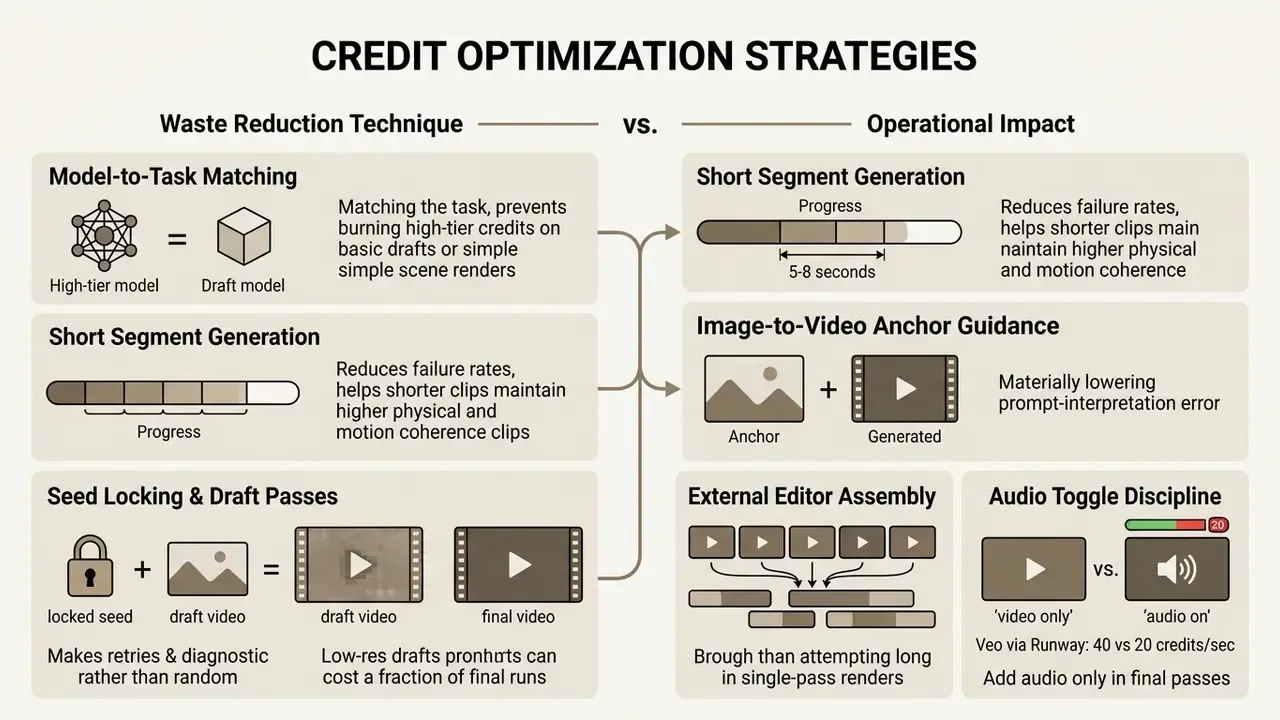 Diagram mapping credit optimization strategies to operational impacts for AI video generation workflows