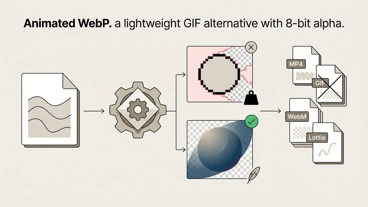 Diagram showing file processing into WebP format with transparent edges compared to other file types