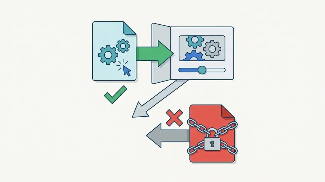 Editable document icon with a green checkmark compared to a locked red file with chains