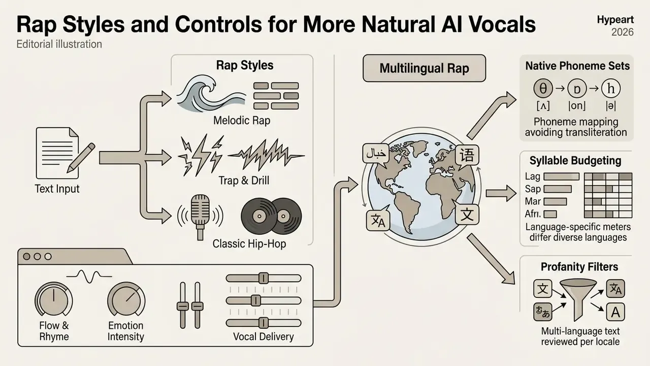 Visual guide mapping text input to rap styles, vocal controls, and multilingual phoneme adjustments