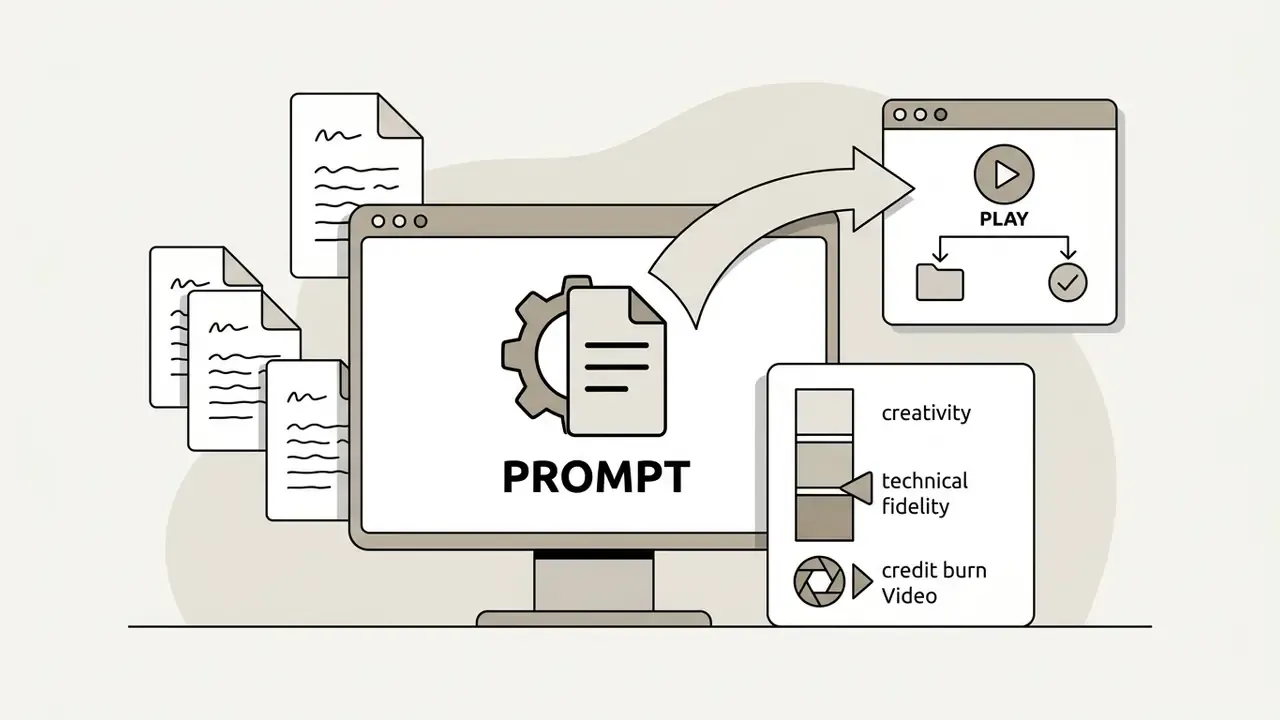 Documents feeding into a computer prompt processor that outputs video files with technical settings