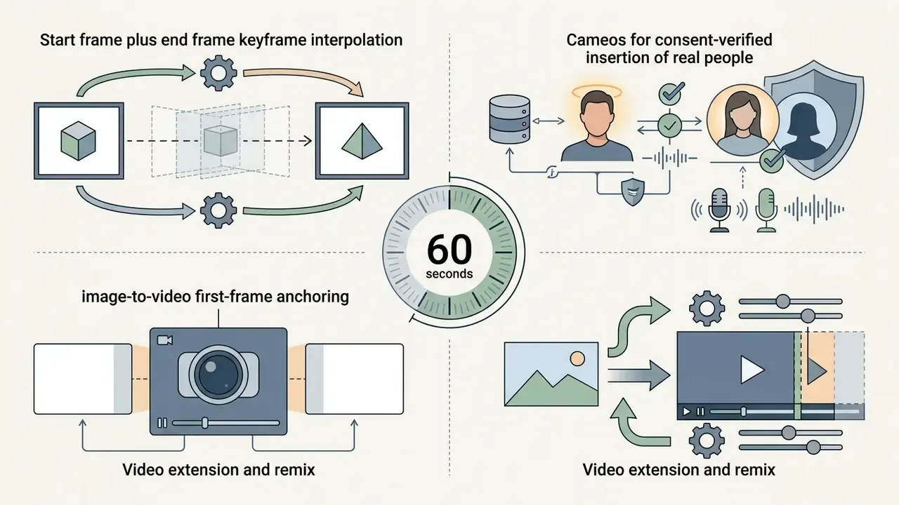 Icons illustrating keyframe interpolation, Cameos, first-frame anchoring, and video extension tools