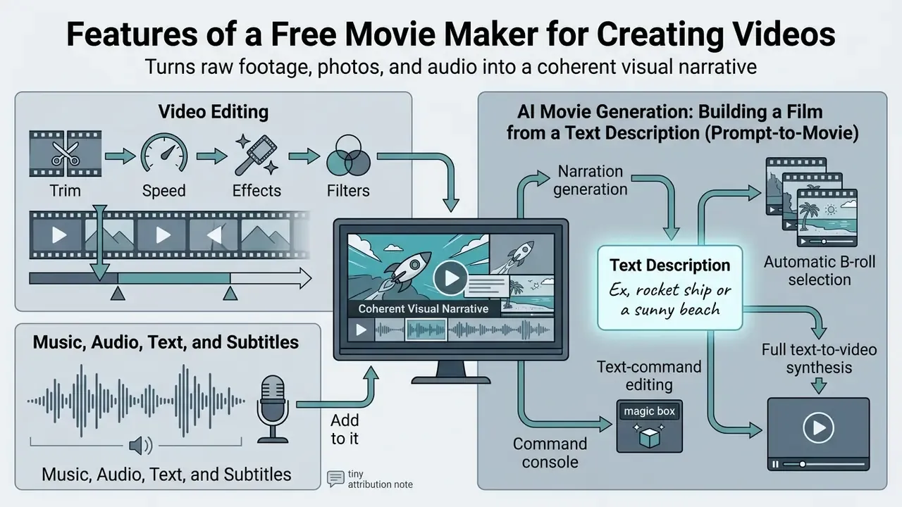 Infographic showing video editing tools and AI movie generation processes for a movie maker free software