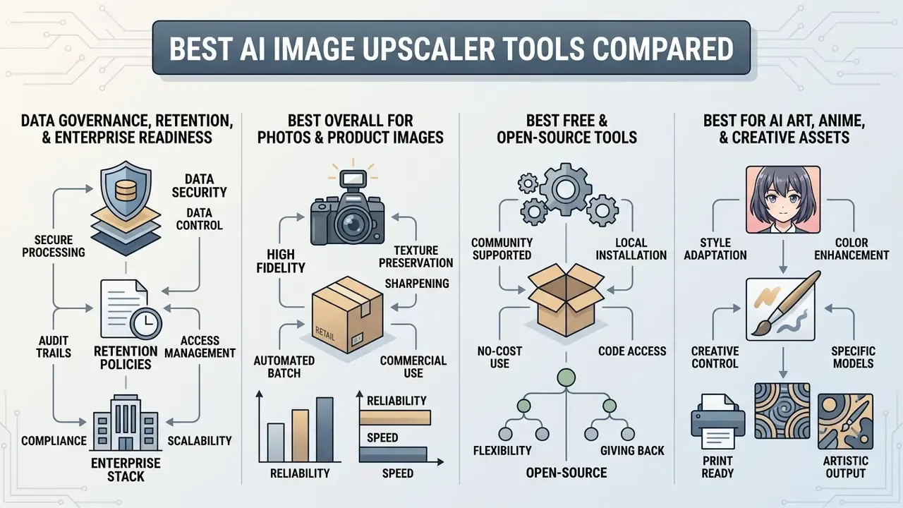 Categorized summary chart displaying key criteria for evaluating various AI image upscaler software options