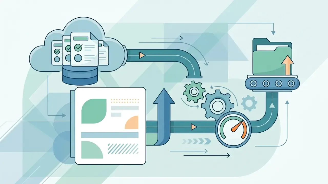 Cloud storage documents moving through gears and a gauge to a folder on a conveyor belt