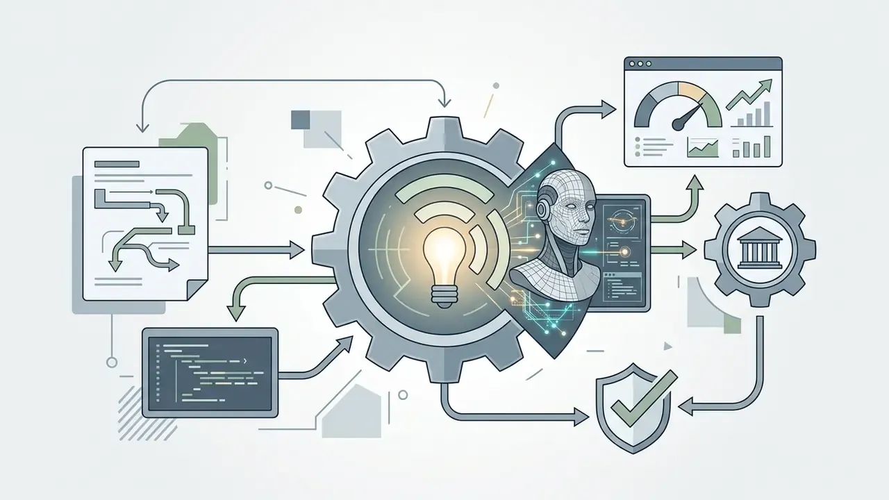 Central gear with a lightbulb and robotic head connecting to data charts, code, and institutional icons