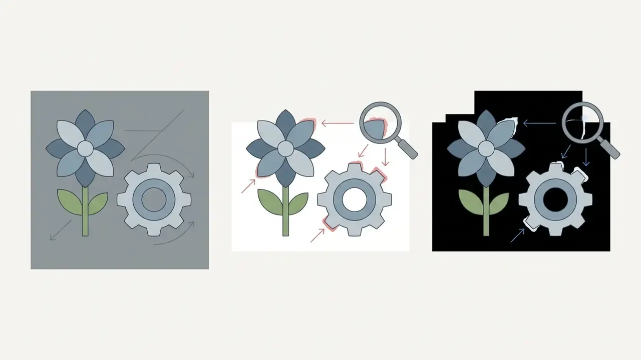 Three panels showing a flower and gear icon against gray, white, and black backgrounds with a magnifying glass