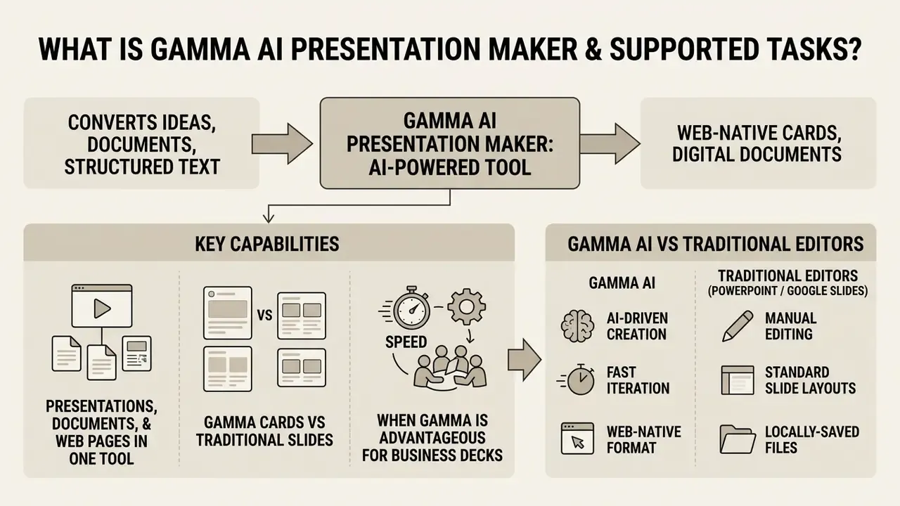 Flowchart showing how Gamma AI converts various inputs into digital documents and compares with editors