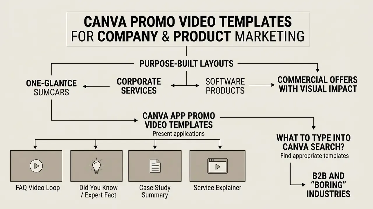Flowchart outlining categories and search strategies for professional marketing video layouts