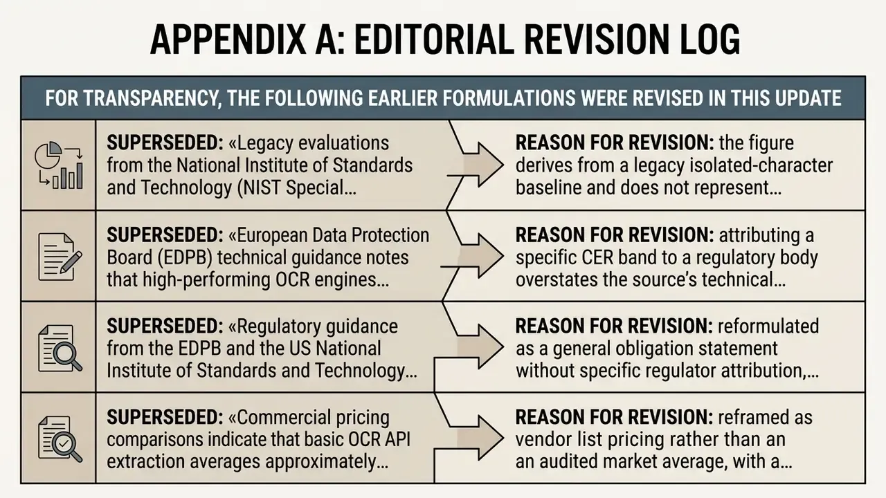 Table showing superseded text entries alongside their corresponding reasons for editorial revision