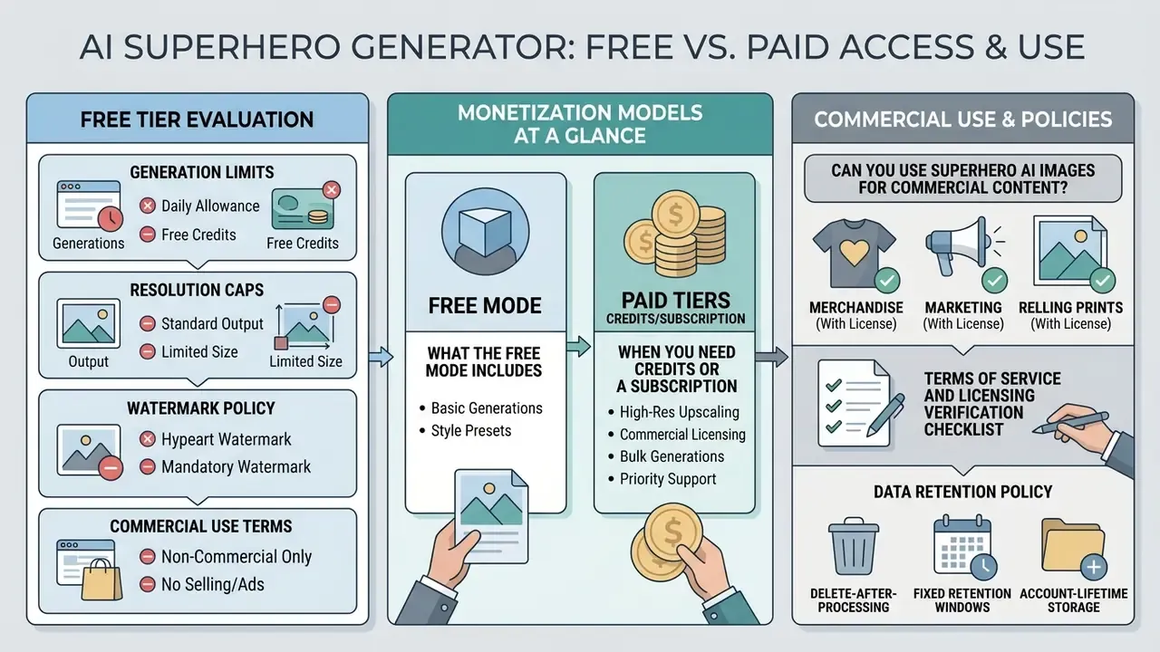 Comparison chart outlining free versus paid access, commercial licensing, and data retention policies