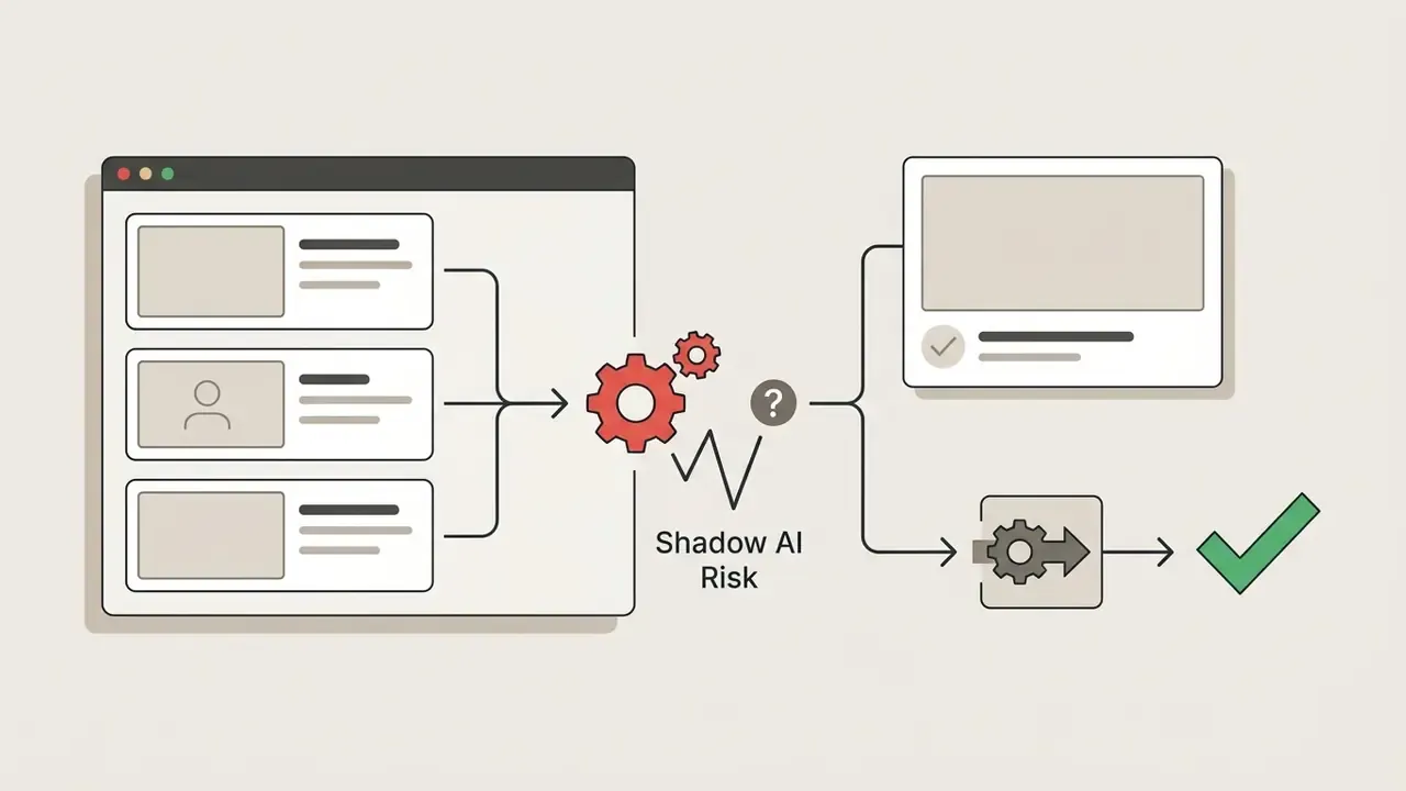 Diagram showing content routing options that branch away from a central gear icon labeled Shadow AI Risk