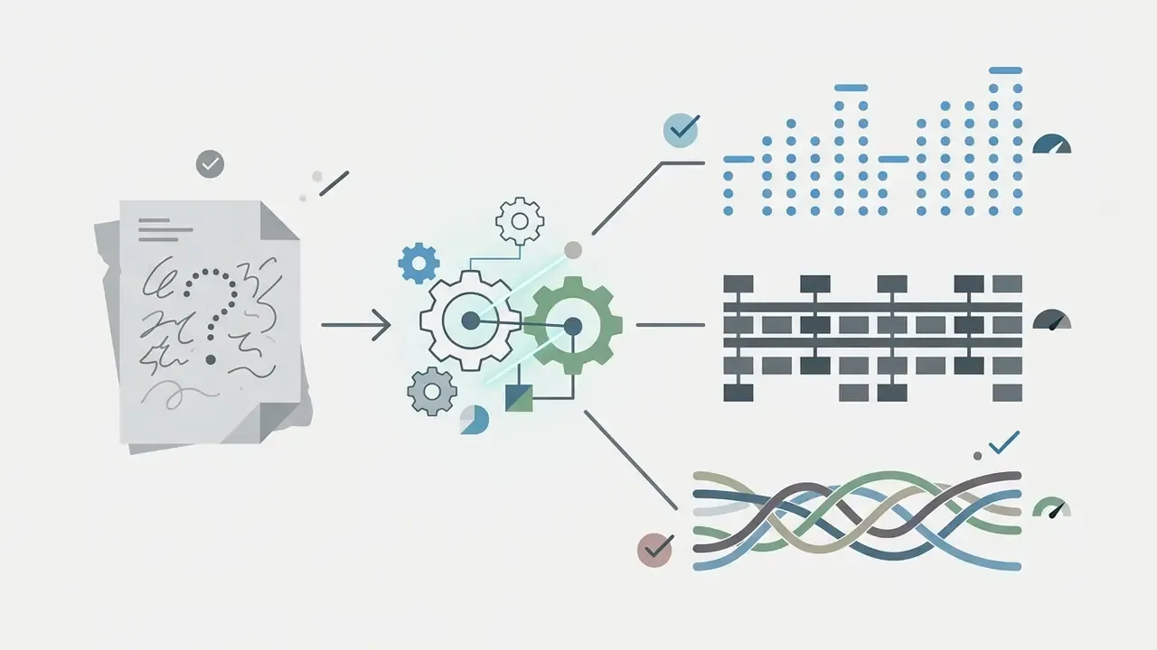 Conceptual diagram showing a document with a question mark transforming into musical patterns and waveforms