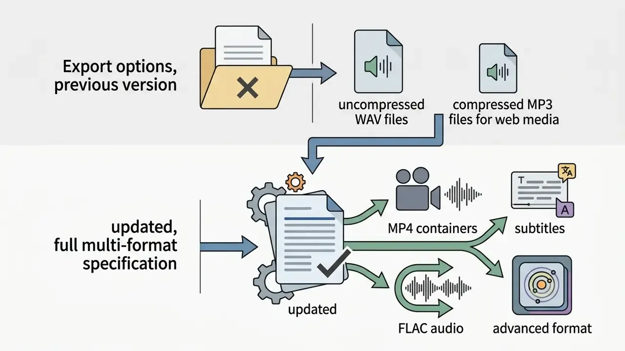 Evolution from basic WAV and MP3 export options to a multi-format specification including video and data