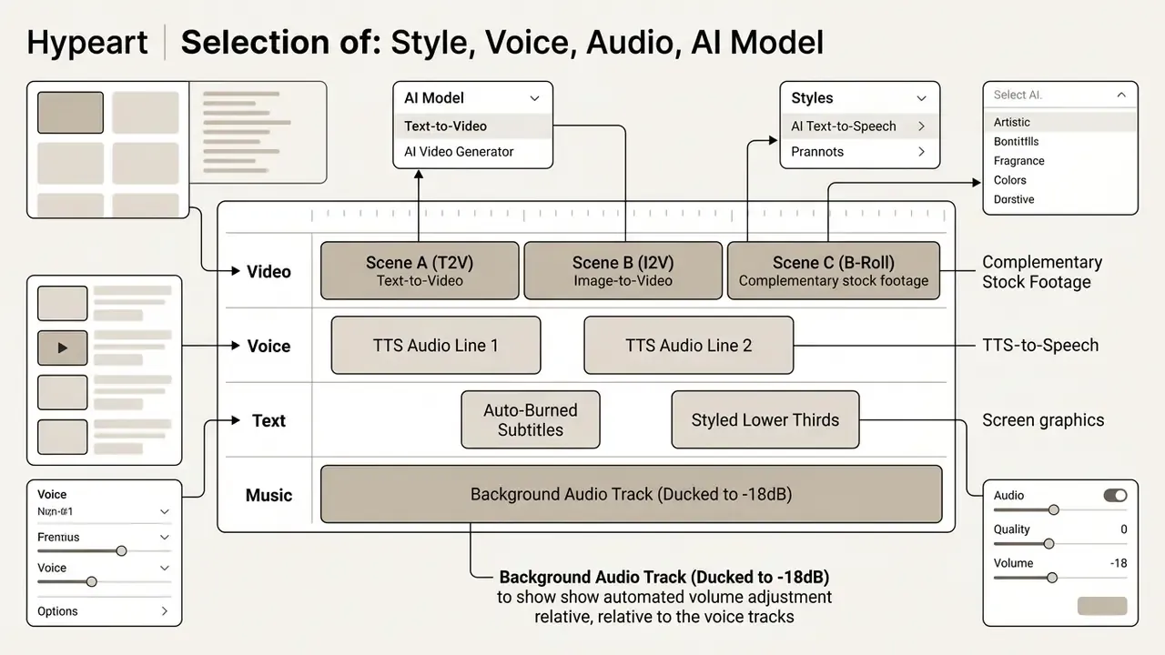 Timeline interface showing multi-track arrangement of video, voice, text, and music assets