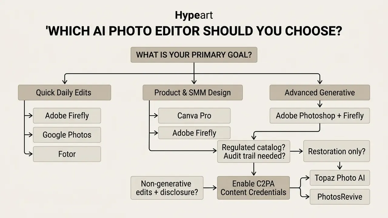 Decision tree mapping user goals to recommended AI photo editing software and compliance workflows