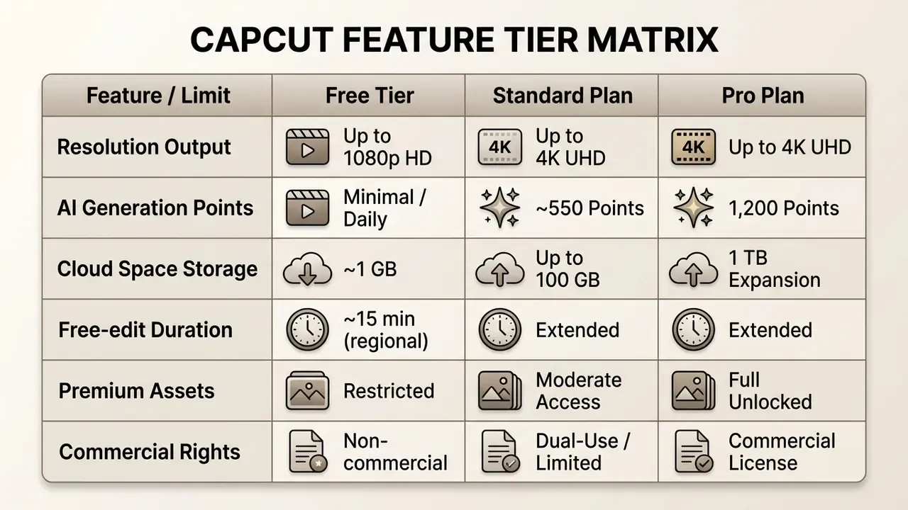 Table comparing CapCut subscription plans across resolution, storage, assets, and commercial rights