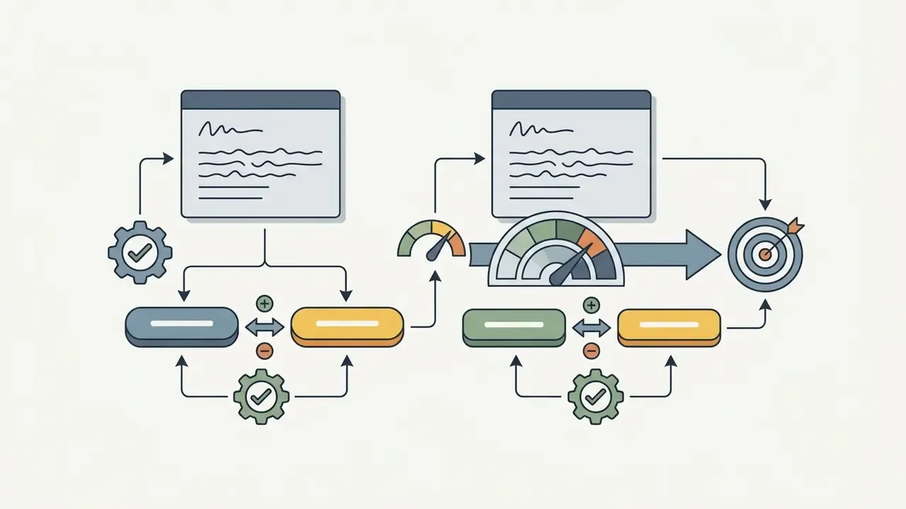 Two parallel workflows showing document windows connecting to buttons, gear icons, and a target goal