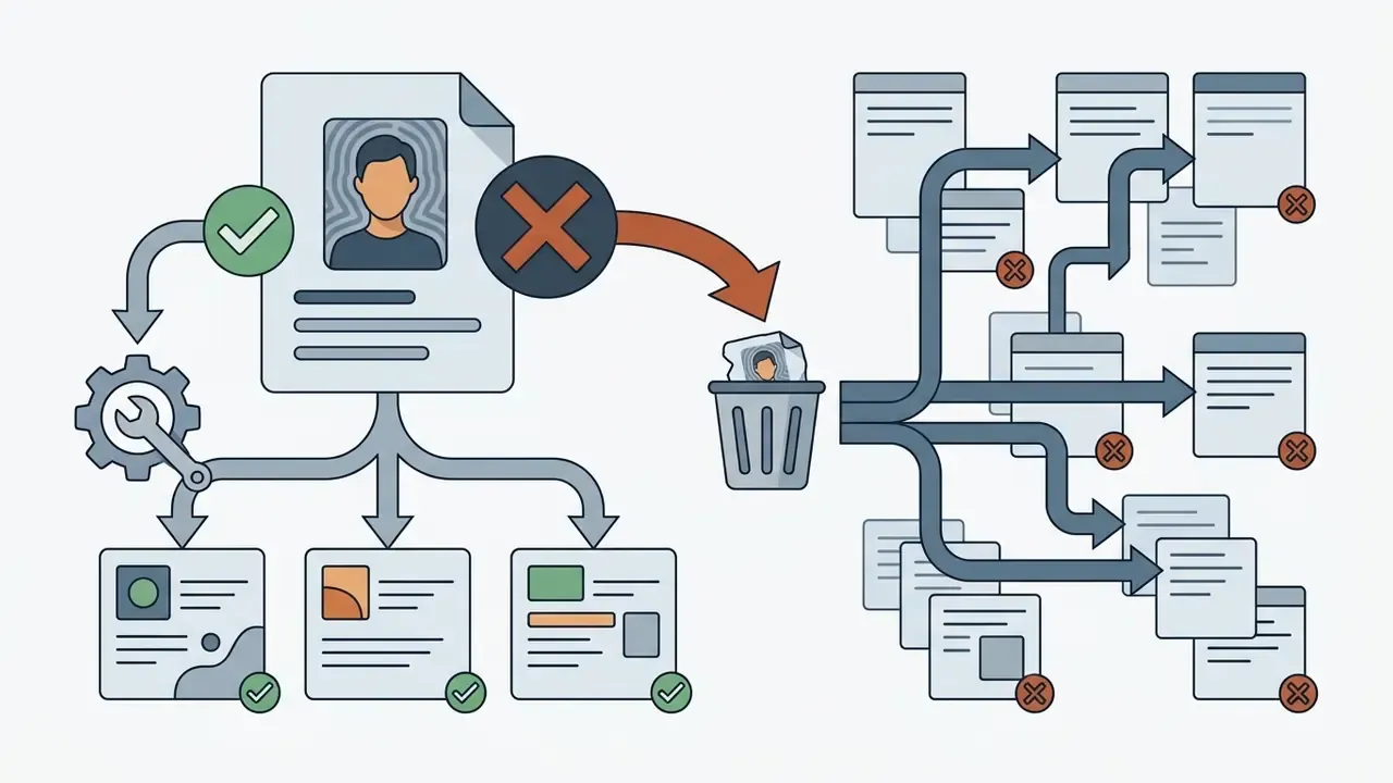 Document with a person icon being deleted and triggering the removal of linked downstream project files