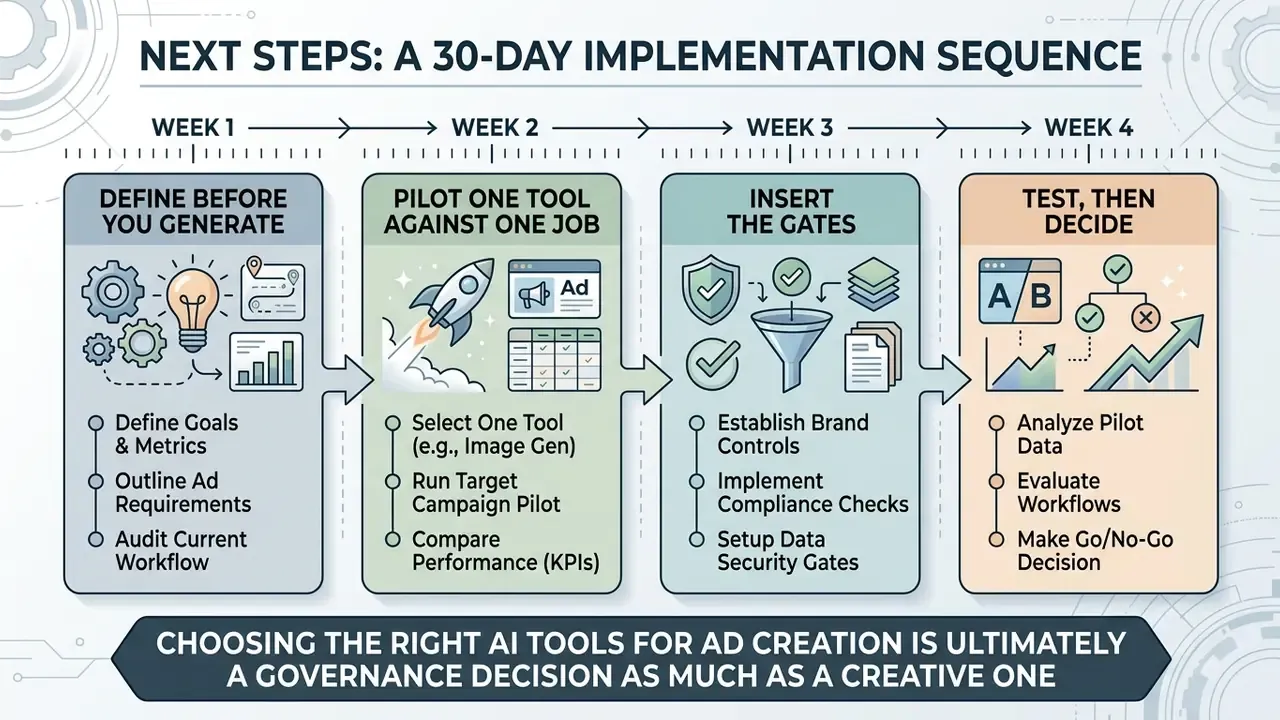 Four-week timeline infographic outlining a phased implementation sequence for AI ad creation tools