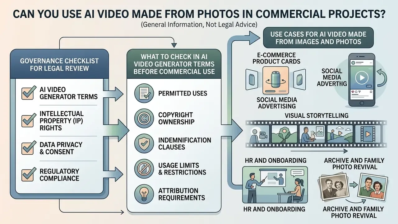 Diagram outlining legal considerations and commercial use cases for free image to video AI technology
