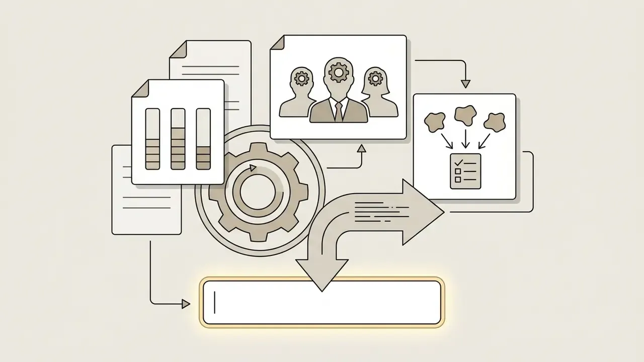 Icons representing documents, user personas, and task lists connecting to a central gear and text field