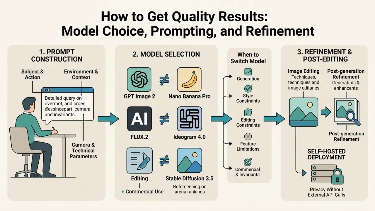 Three-stage workflow diagram showing prompt construction, model selection criteria, and post-editing steps