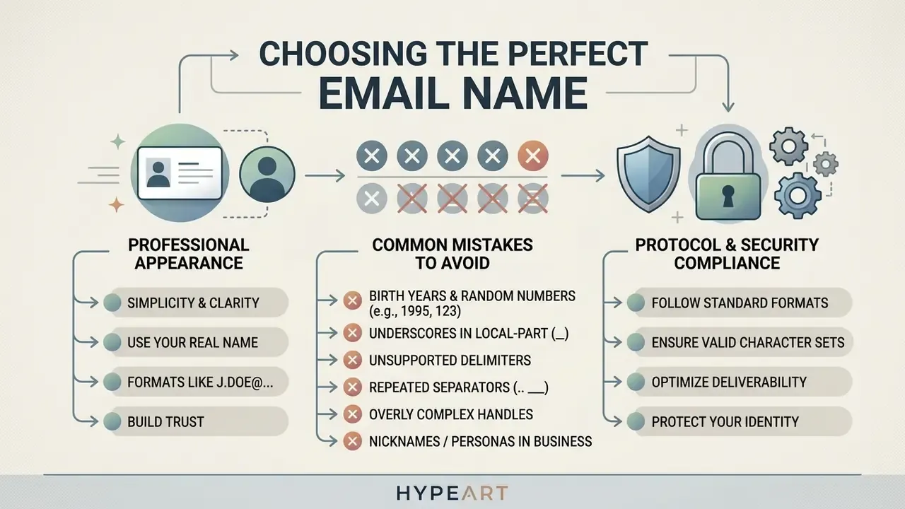Infographic outlining professional email naming conventions, common mistakes to avoid, and security protocols