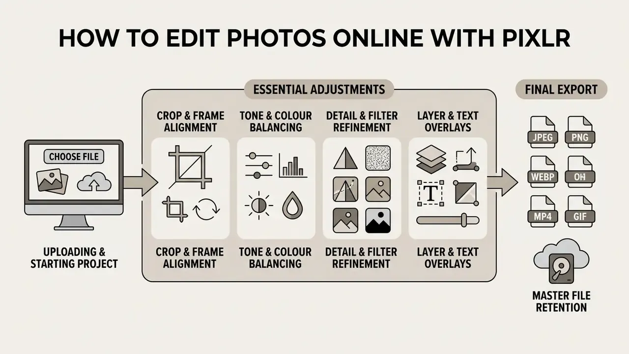 Flowchart showing the Pixlr editing process from file upload through adjustments to final file export