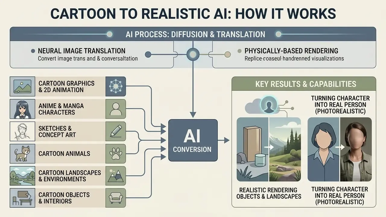 Diagram showing Cartoon to Realistic AI converting various 2D graphics into photorealistic images