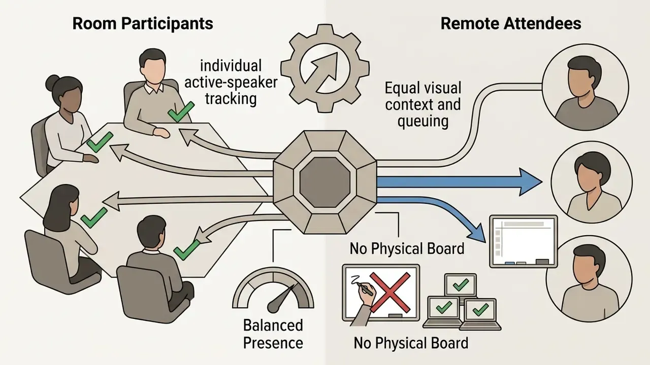 Centralized hub connecting in-room meeting participants with remote attendees for balanced collaboration