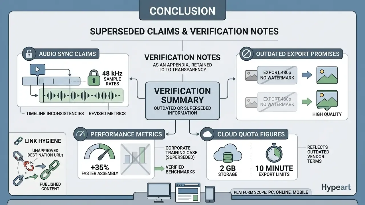 Summary chart detailing superseded claims regarding audio sync, export resolutions, performance, and cloud storage