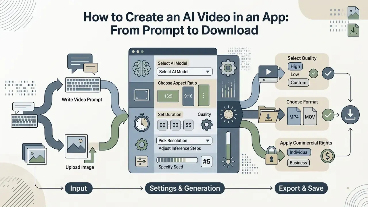 Flowchart showing input methods, generation settings, and export options for mobile video software