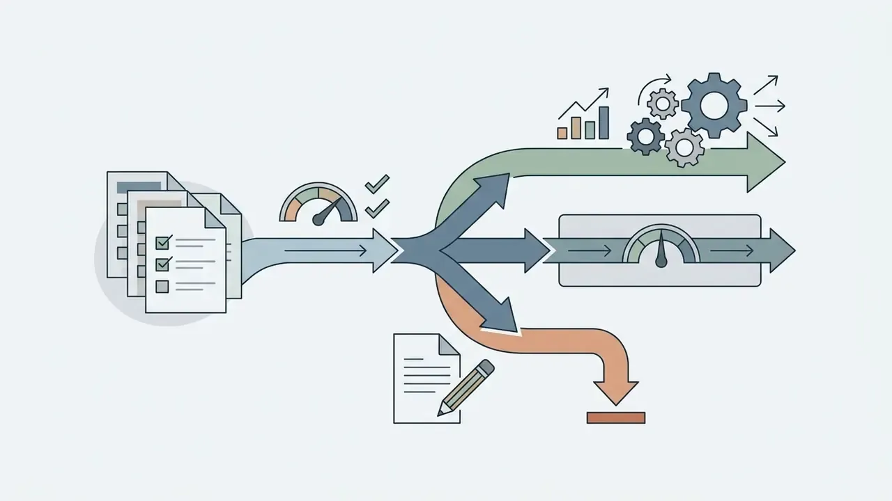 Checklist documents feeding into a decision point that branches into three distinct paths with gauges