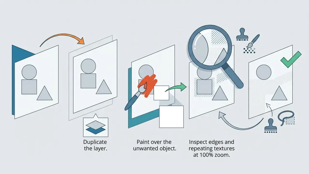 Steps for removing objects from an image by duplicating layers, painting, and using correction tools