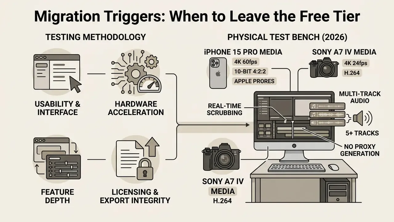 Diagram showing testing methodology and physical test bench criteria for evaluating video editing software