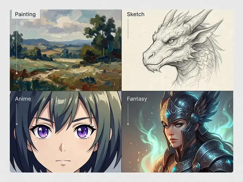 Four panels showing a landscape painting, dragon sketch, anime face, and fantasy warrior in ornate armor
