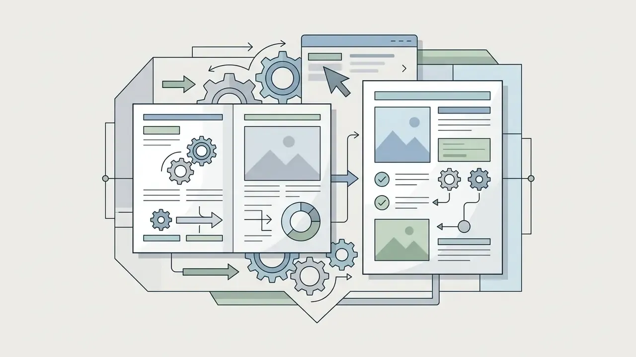 Documents and gears interacting to process layout frames for print and catalog media