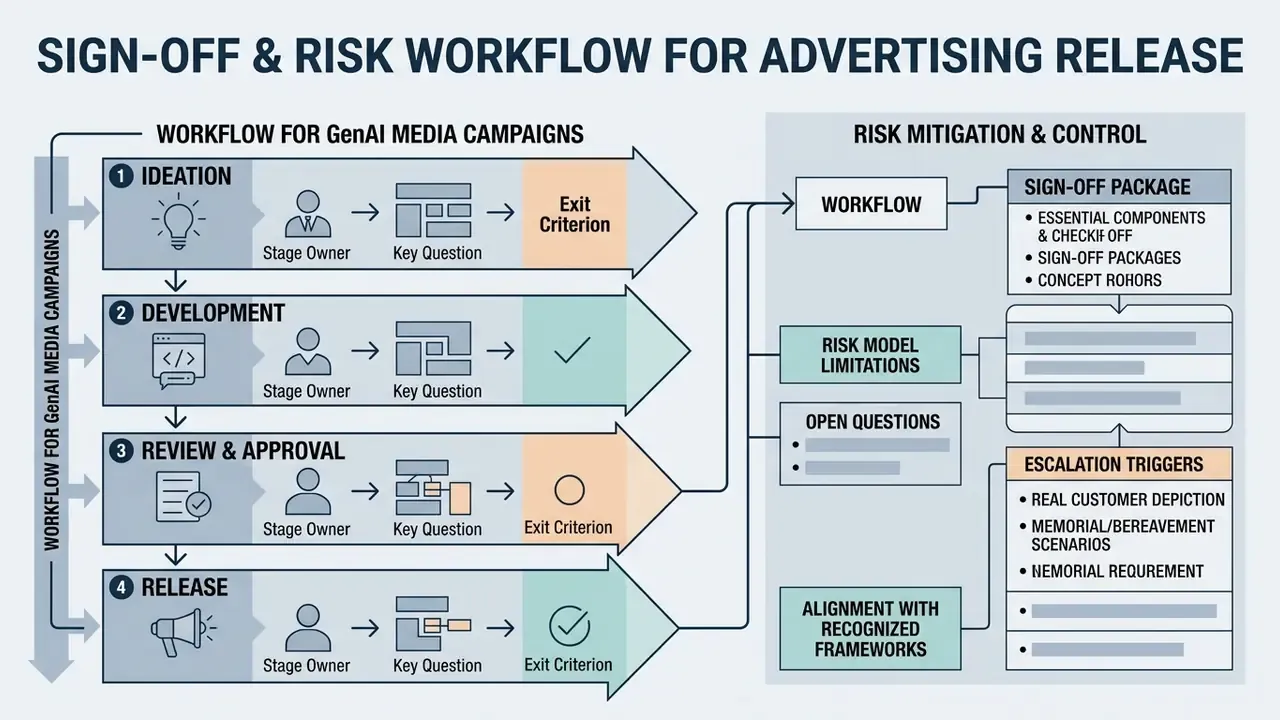 Flowchart detailing a four-stage GenAI campaign workflow alongside risk mitigation and control processes