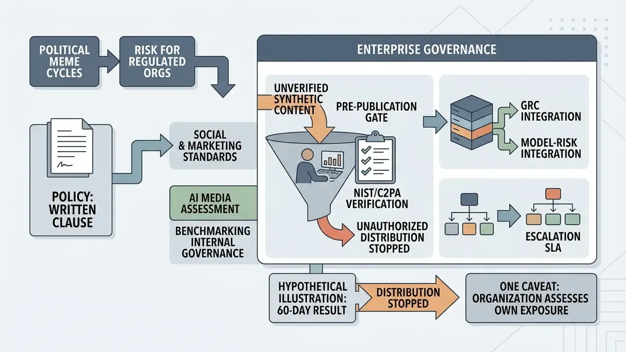 Process diagram showing how policy and verification gates manage synthetic media risks in organizations