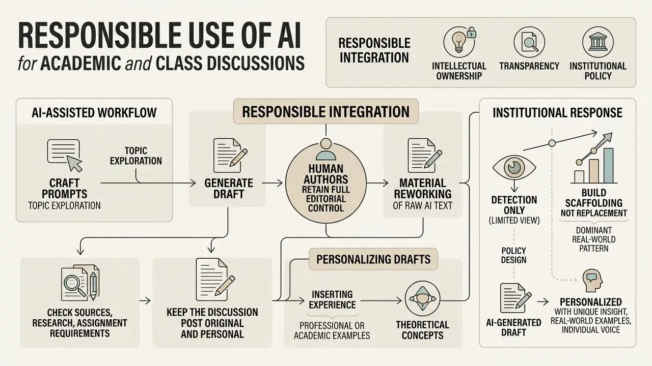 Visual guide outlining steps for human editorial control and personalization when using AI in coursework