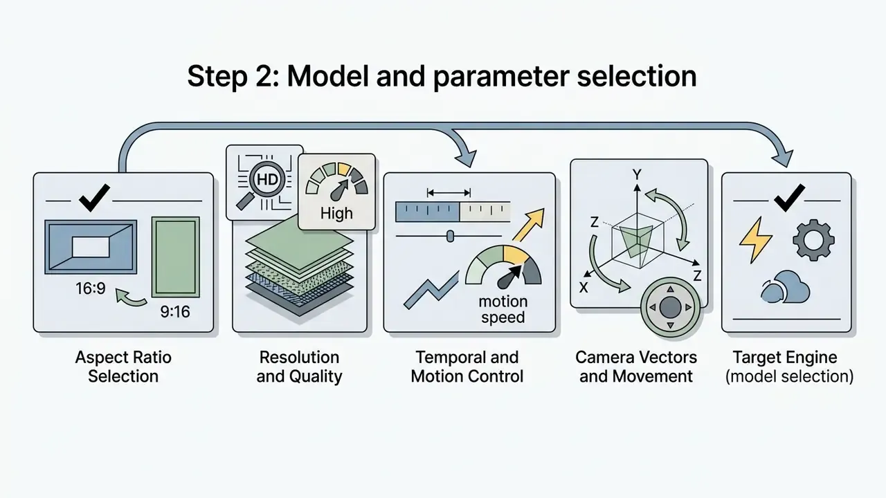 Icons representing aspect ratio, resolution, motion speed, camera vectors, and engine model selection