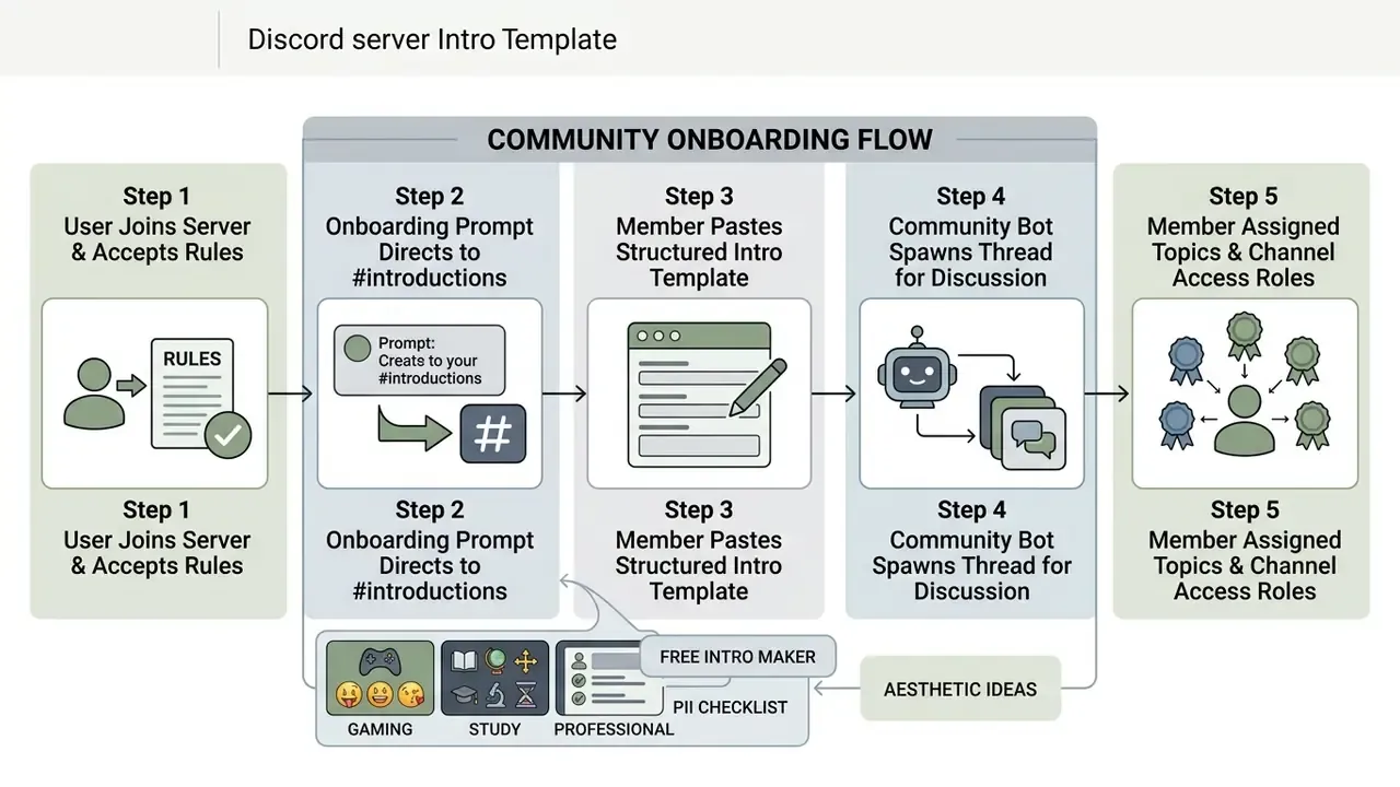 Five step process diagram showing how new members join a server and complete their introduction