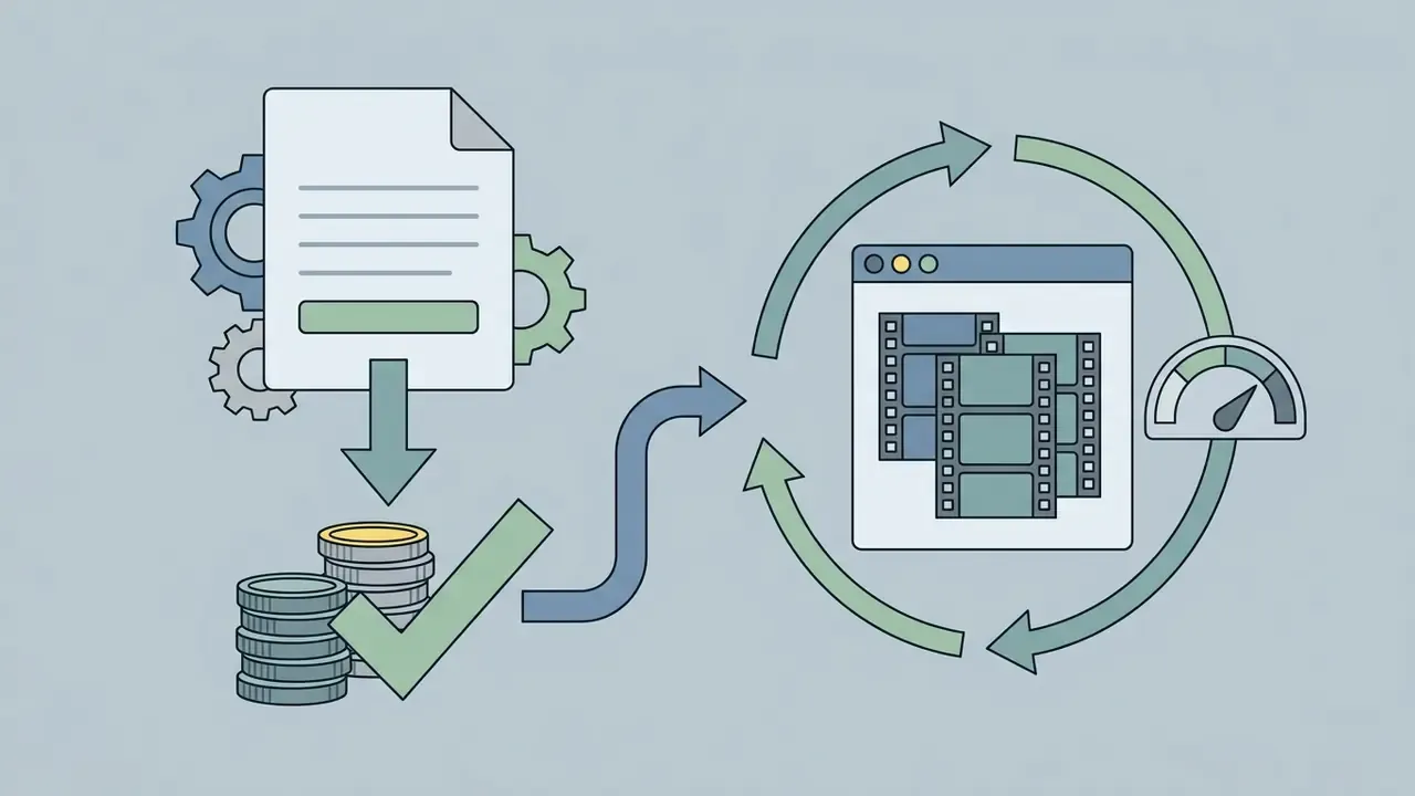 Document and coin stacks with a checkmark leading to a video editing interface and speed gauge