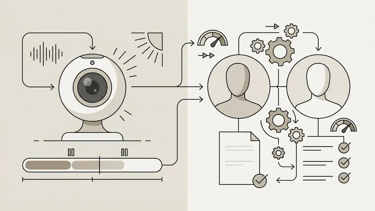 Line art showing a webcam recording process feeding into digital avatar creation and data processing