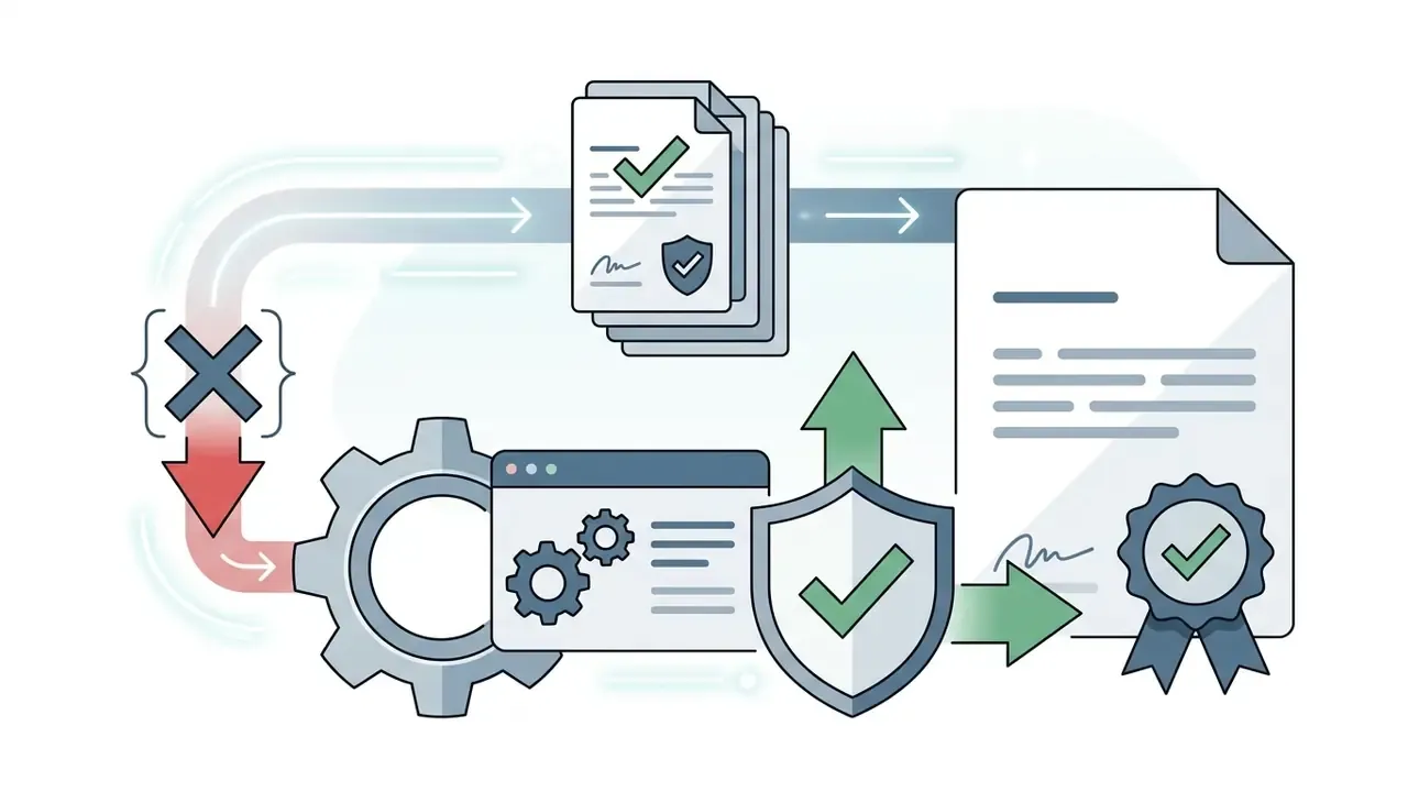 Cycle showing document verification and protective shielding for managing AI music license certificates