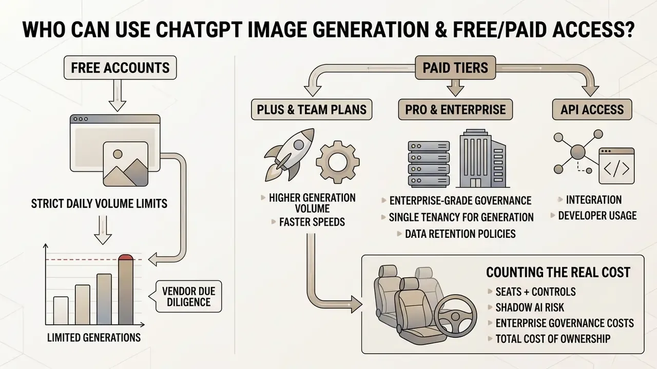 Flowchart comparing free and paid ChatGPT access tiers, usage limits, and enterprise cost factors