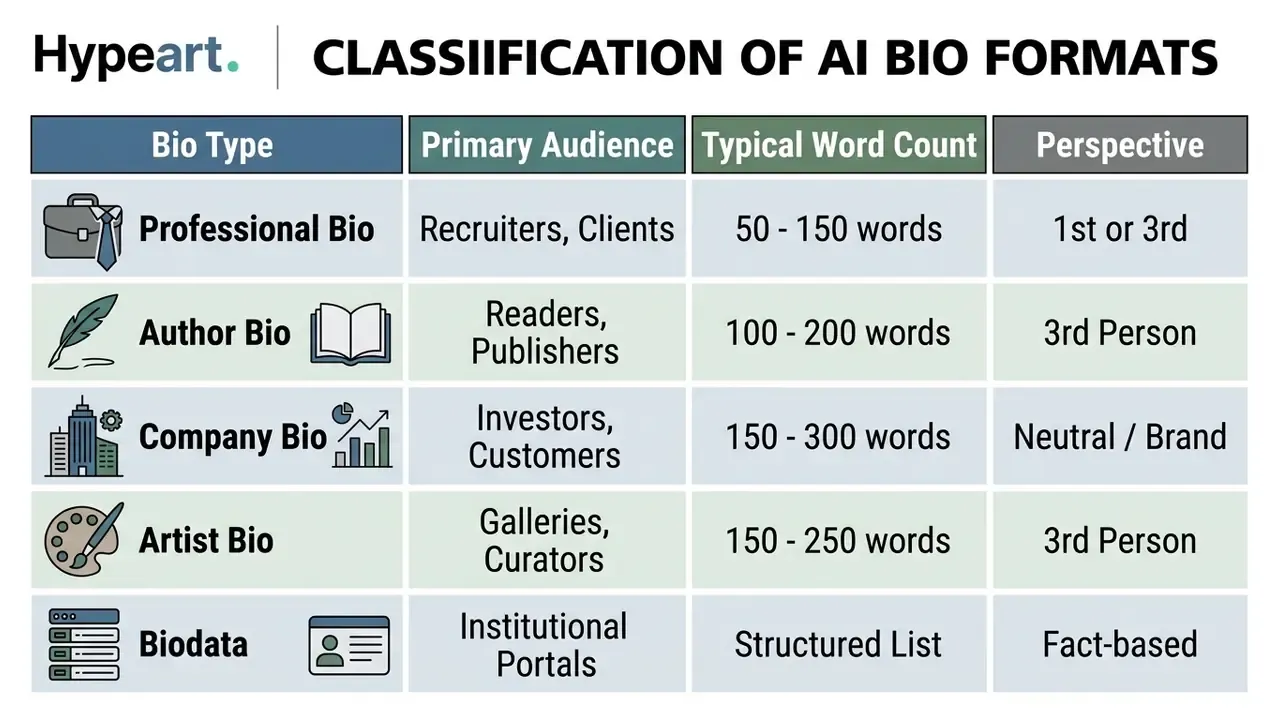 Table comparing five biography types by audience, word count, and narrative perspective